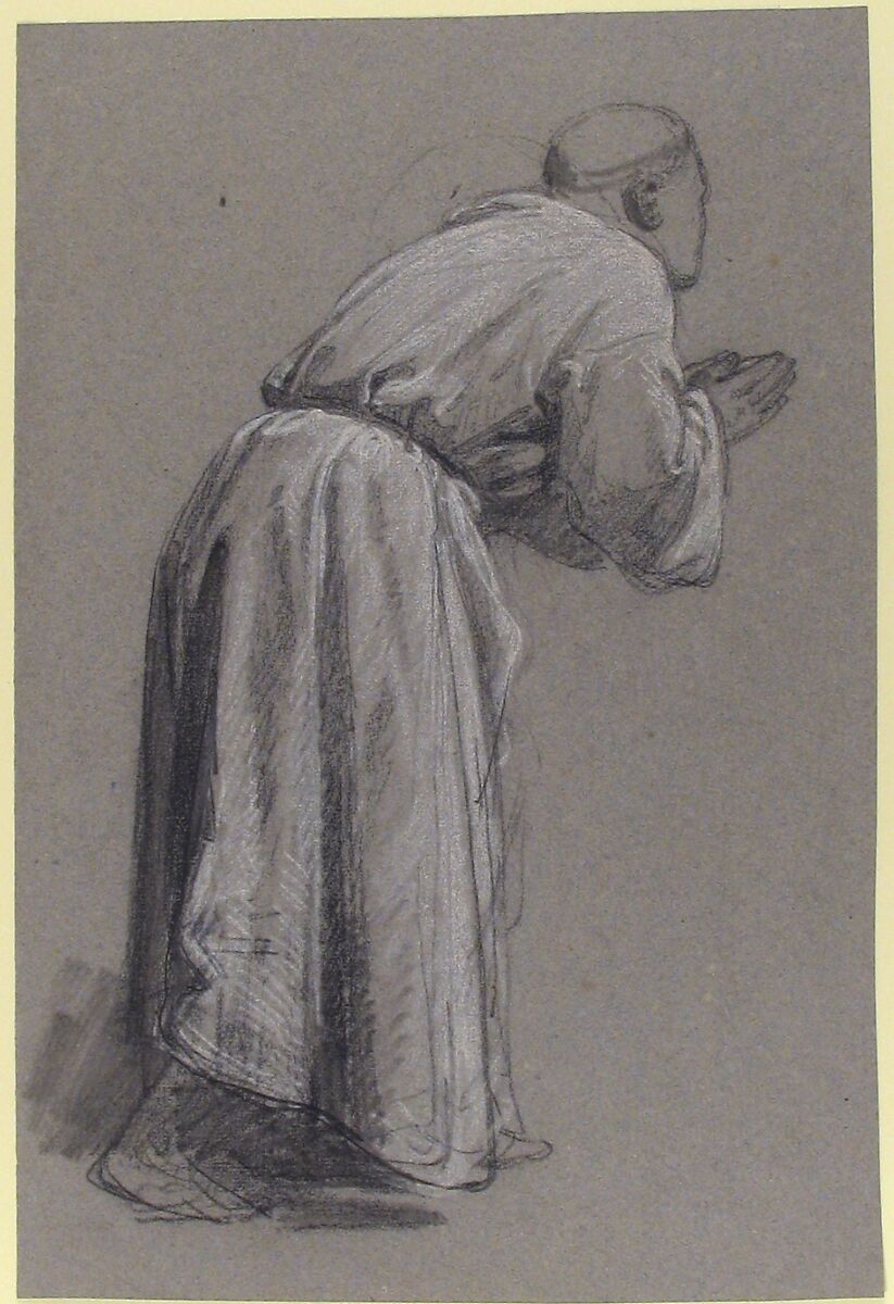 Cleric with Joined Hands (lower register?); verso: (same figure); (studies for wall paintings in the Chapel of Saint Remi, Sainte-Clotilde, Paris, 1858), Isidore Pils (French, Paris 1813/15–1875 Douarnenez), Black chalk, stumped, white chalk, on dark gray paper (recto); faint black chalk (verso)