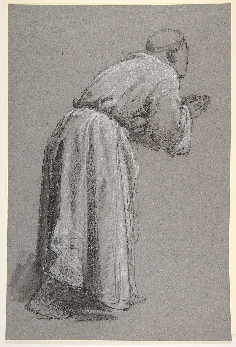 Cleric with Joined Hands (lower register?); verso: (same figure); (studies for wall paintings in the Chapel of Saint Remi, Sainte-Clotilde, Paris, 1858), Isidore Pils (French, Paris 1813/15–1875 Douarnenez), Black chalk, stumped, white chalk, on dark gray paper (recto); faint black chalk (verso) 