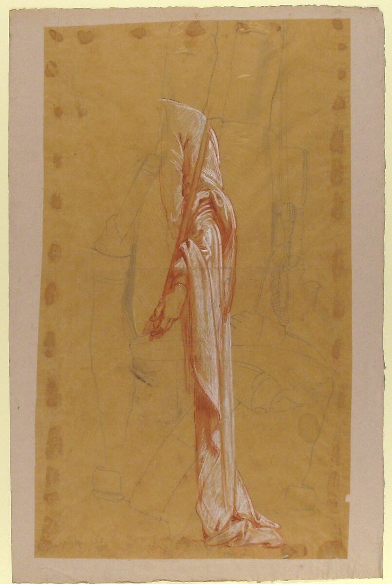 Drapery Study for Sainte-Clotilde (upper register); verso: Standing Soldier; (studies for wall paintings in the Chapel of Saint Remi, Sainte-Clotilde, Paris, 1858), Isidore Pils (French, Paris 1813/15–1875 Douarnenez), Red and white chalk on tracing paper (recto); black chalk (verso); pasted onto larger sheet; (verso visible through tracing paper)
