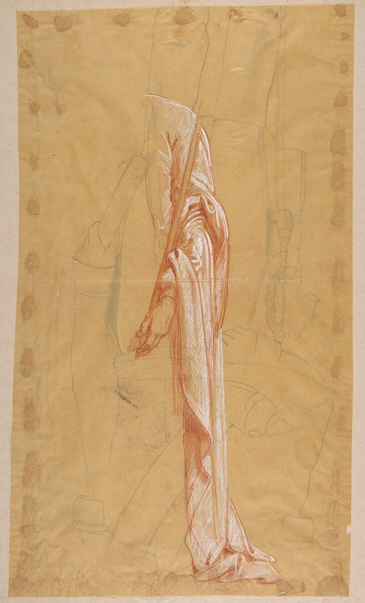 Drapery Study for Sainte-Clotilde (upper register); verso: Standing Soldier; (studies for wall paintings in the Chapel of Saint Remi, Sainte-Clotilde, Paris, 1858), Isidore Pils (French, Paris 1813/15–1875 Douarnenez), Red and white chalk on tracing paper (recto); black chalk (verso); pasted onto larger sheet; (verso visible through tracing paper) 
