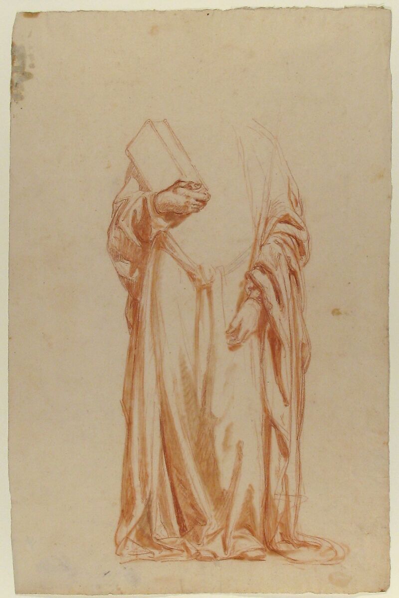 Drapery Study for Sainte-Clotilde (upper register; study for wall paintings in the Chapel of Saint Remi, Sainte-Clotilde, Paris, 1858), Isidore Pils (French, Paris 1813/15–1875 Douarnenez), Red chalk, stumped, with traces of black chalk.  Scattered stains.