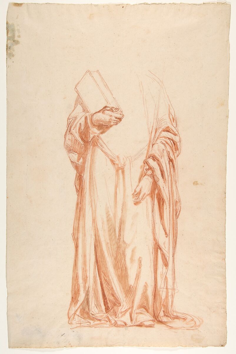Drapery Study for Sainte-Clotilde (upper register; study for wall paintings in the Chapel of Saint Remi, Sainte-Clotilde, Paris, 1858), Isidore Pils (French, Paris 1813/15–1875 Douarnenez), Red chalk, stumped, with traces of black chalk.  Scattered stains. 