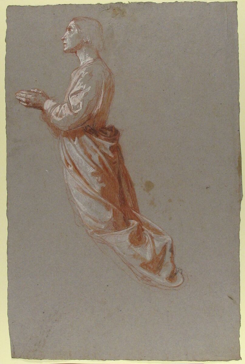 Angel (upper register; study for wall paintings in the Chapel of Saint Remi, Sainte-Clotilde, Paris, 1858), Isidore Pils (French, Paris 1813/15–1875 Douarnenez), Red chalk, stumped, heightened with white chalk and gouache, with traces of black chalk, on gray paper