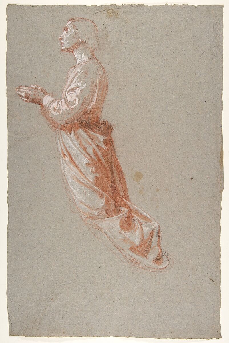 Angel (upper register; study for wall paintings in the Chapel of Saint Remi, Sainte-Clotilde, Paris, 1858), Isidore Pils (French, Paris 1813/15–1875 Douarnenez), Red chalk, stumped, heightened with white chalk and gouache, with traces of black chalk, on gray paper 