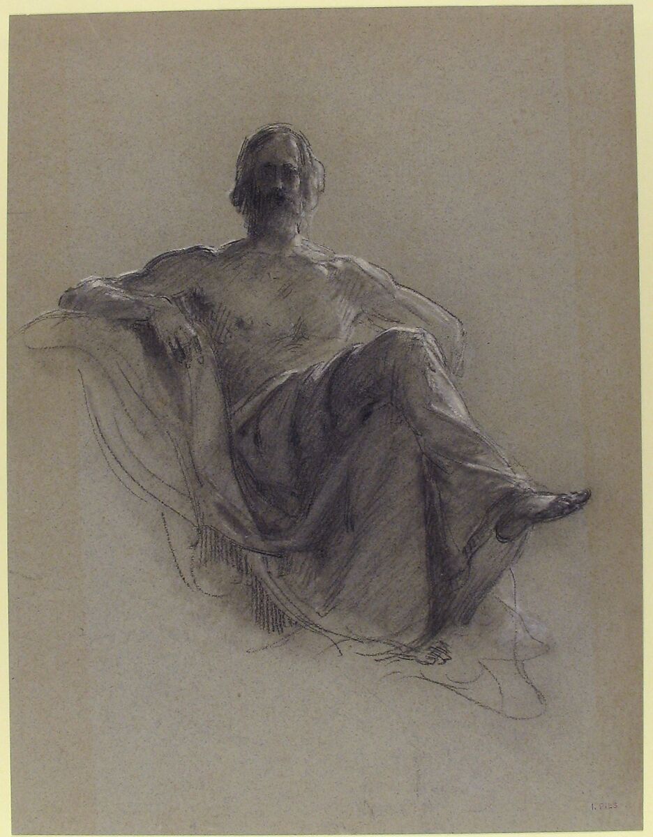 Seated Bearded Man, Nude to the Waist (Jupiter Seated), Isidore Pils (French, Paris 1813/15–1875 Douarnenez), Black and white chalk on gray paper