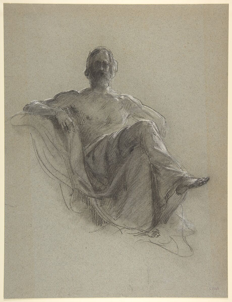 Seated Bearded Man, Nude to the Waist (Jupiter Seated), Isidore Pils (French, Paris 1813/15–1875 Douarnenez), Black and white chalk on gray paper 