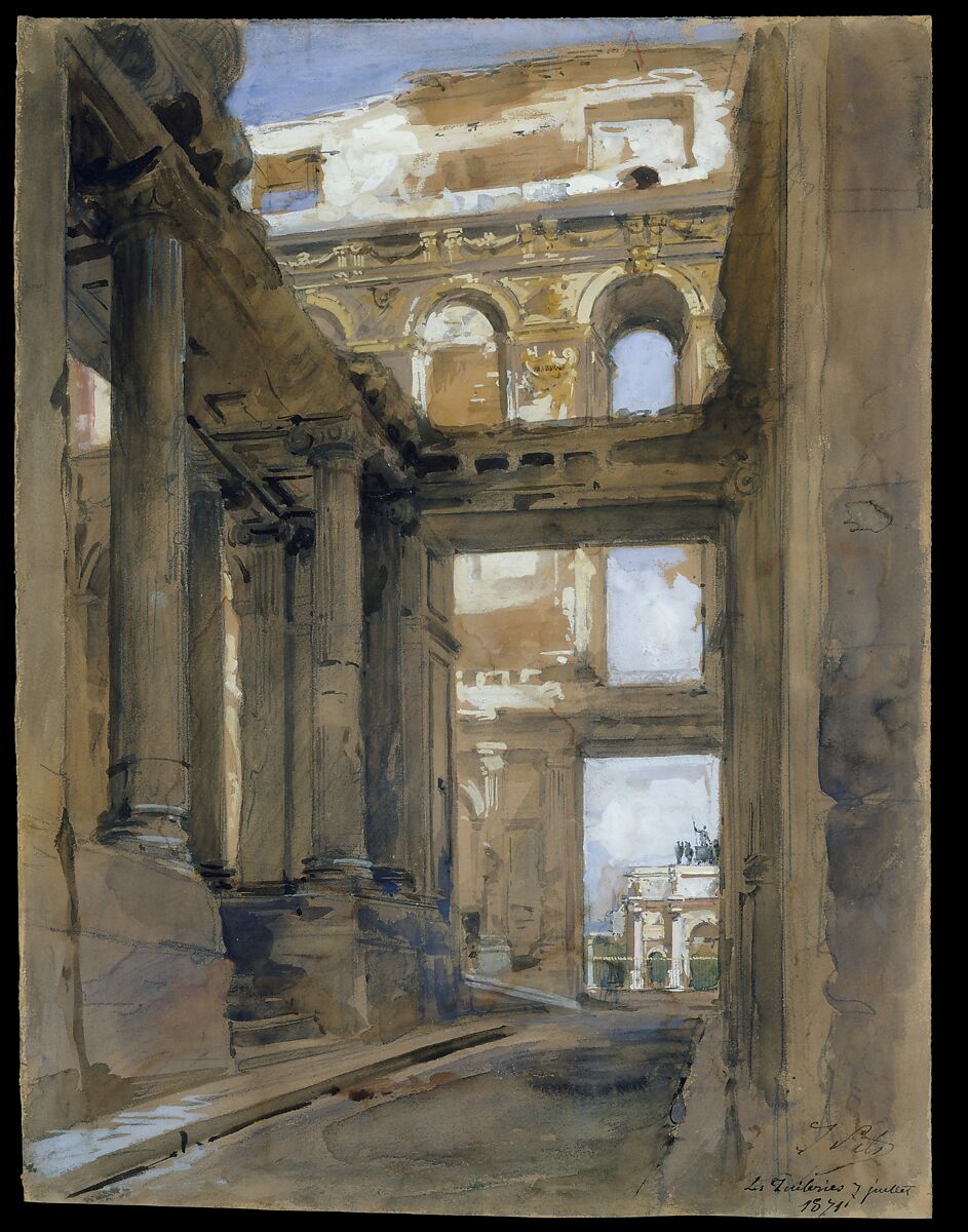 Ruins of the Tuileries Palace, Isidore Pils (French, Paris 1813/15–1875 Douarnenez), Gouache, watercolor, and graphite on light brown paper 