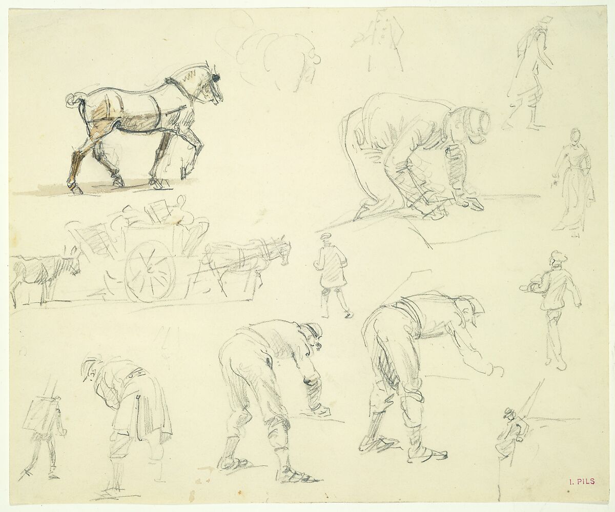 Studies of Soldiers and Cart Horses, Isidore Pils (French, Paris 1813/15–1875 Douarnenez), Graphite, brown wash
