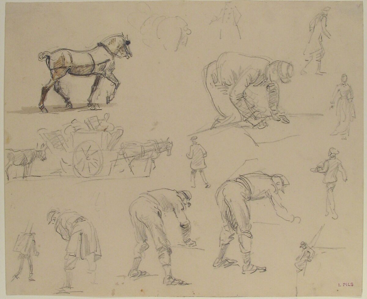 Studies of Soldiers and Cart Horses, Isidore Pils (French, Paris 1813/15–1875 Douarnenez), Graphite, brown wash