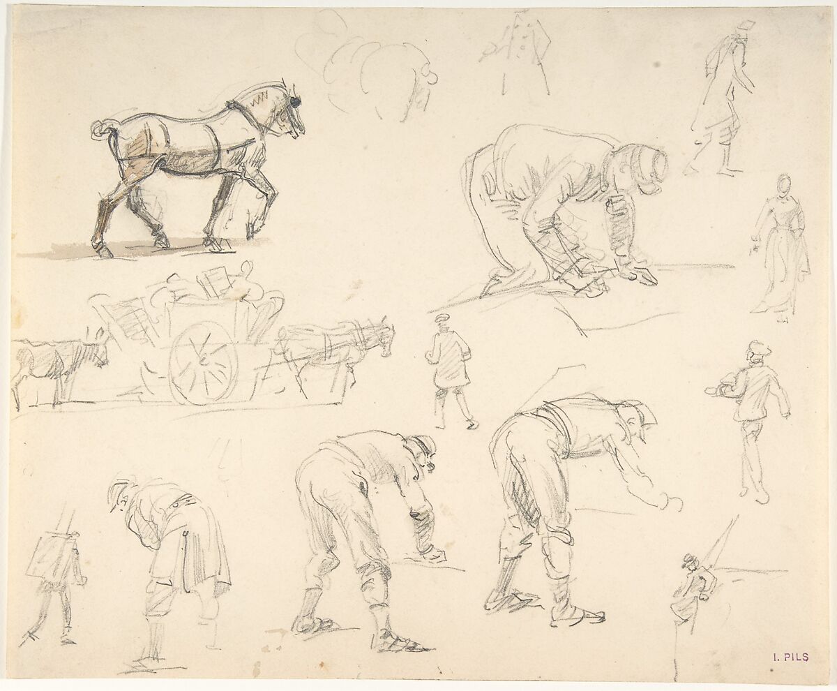 Studies of Soldiers and Cart Horses, Isidore Pils (French, Paris 1813/15–1875 Douarnenez), Graphite, brown wash 