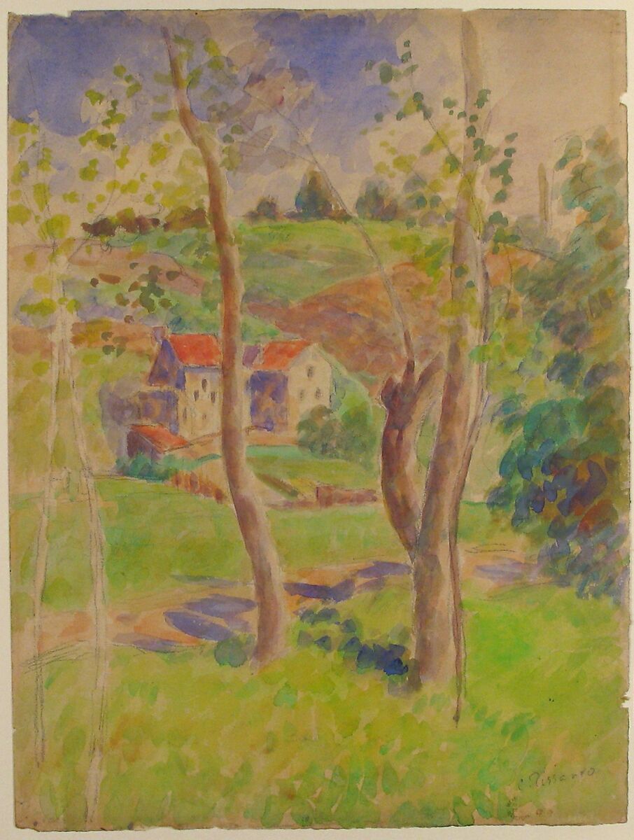 Landscape, Camille Pissarro (French, Charlotte Amalie, Saint Thomas 1830–1903 Paris), Watercolor over black chalk