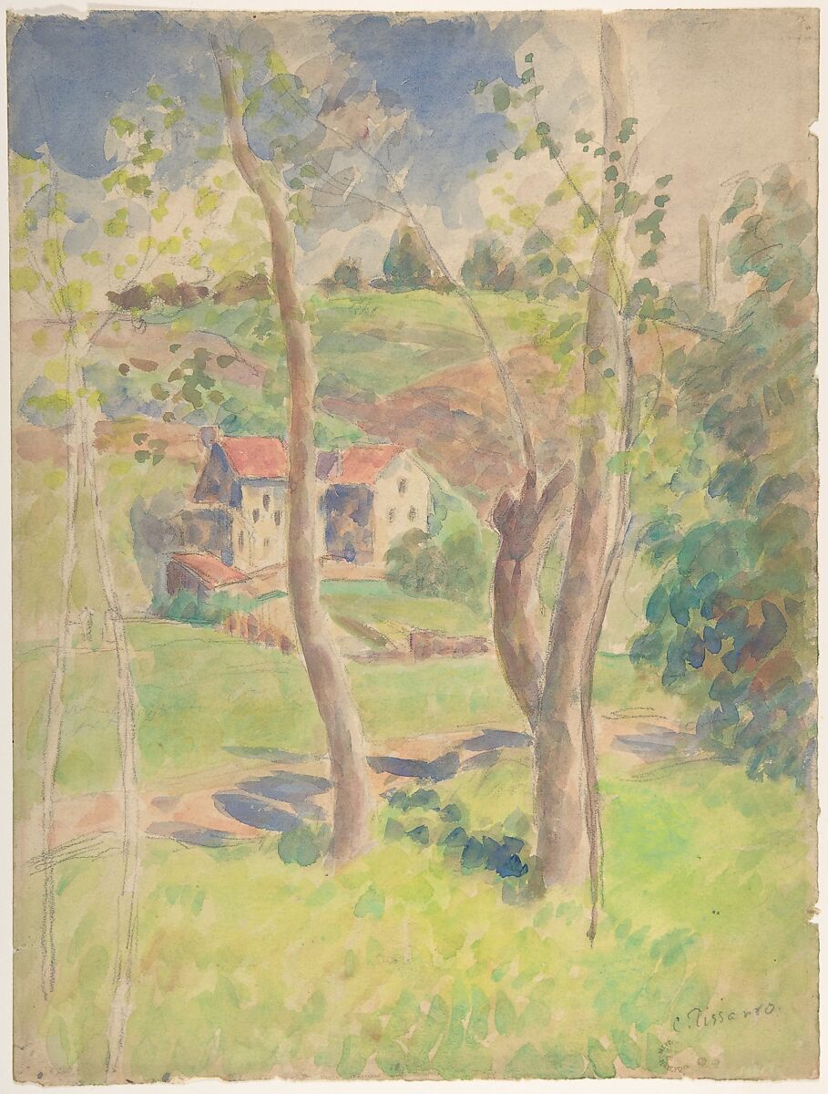 Landscape, Camille Pissarro (French, Charlotte Amalie, Saint Thomas 1830–1903 Paris), Watercolor over black chalk on wove paper 