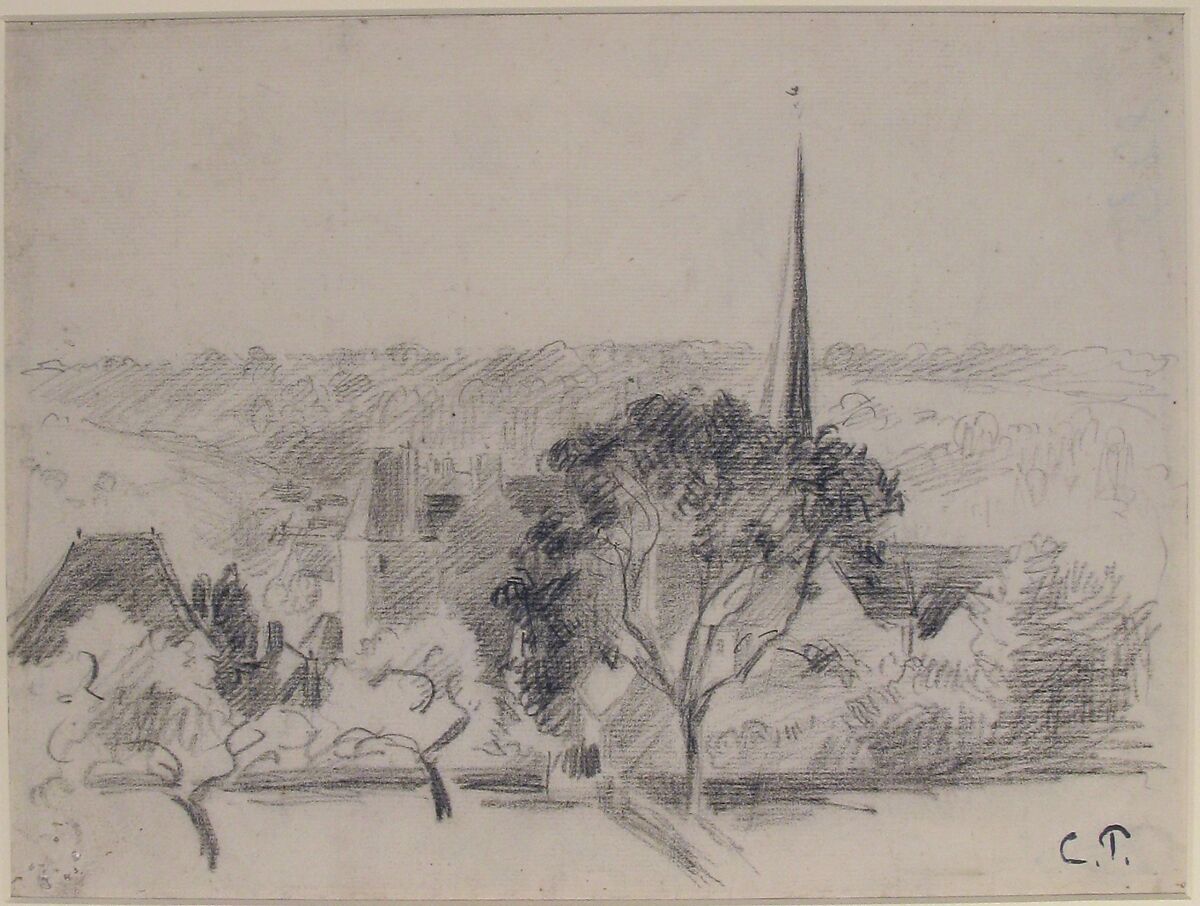 The Church at Eragny, Camille Pissarro (French, Charlotte Amalie, Saint Thomas 1830–1903 Paris), Black chalk