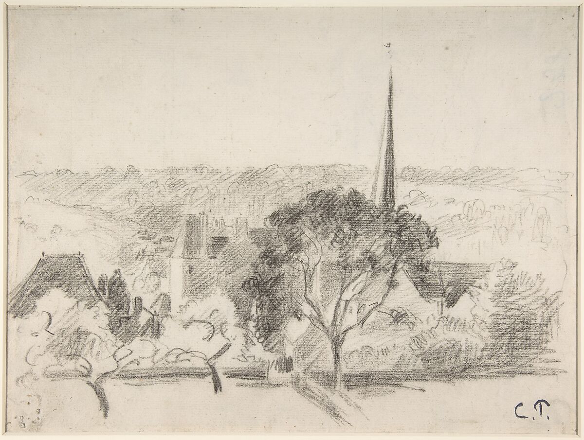 The Church at Eragny, Camille Pissarro (French, Charlotte Amalie, Saint Thomas 1830–1903 Paris), Black chalk 