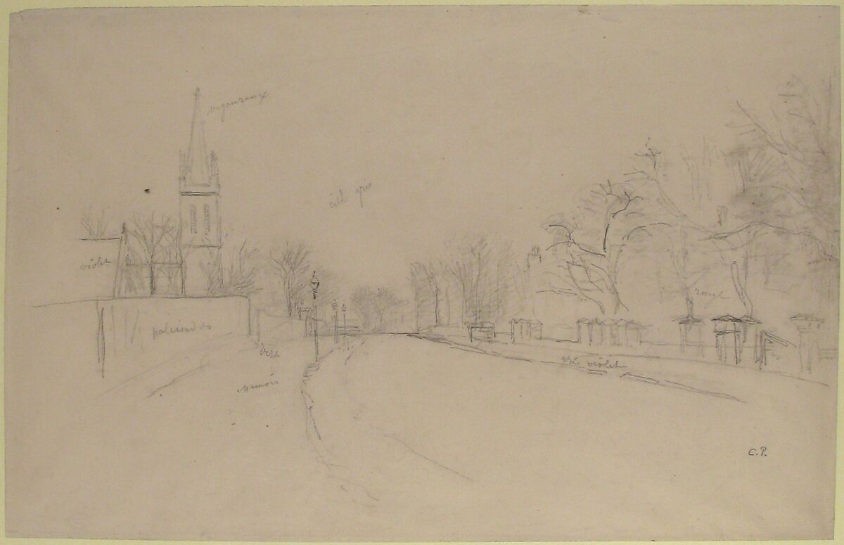 All Saints Church, Upper Norwood seen from the north side of Beulah Hill, Camille Pissarro (French, Charlotte Amalie, Saint Thomas 1830–1903 Paris), Graphite on china paper