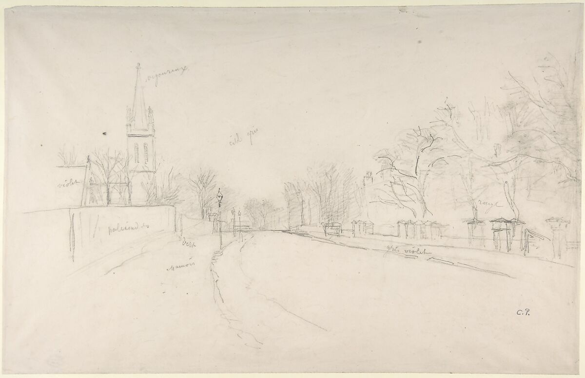 All Saints Church, Upper Norwood seen from the north side of Beulah Hill, Camille Pissarro (French, Charlotte Amalie, Saint Thomas 1830–1903 Paris), Graphite on china paper 