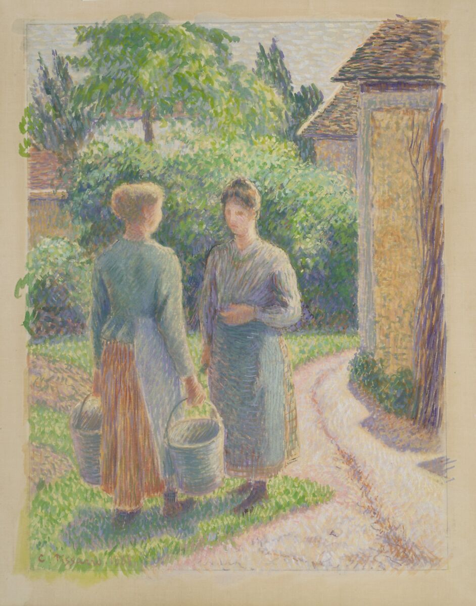 Two Women in a Garden, Camille Pissarro (French, Charlotte Amalie, Saint Thomas 1830–1903 Paris), Gouache on silk; framing lines in graphite