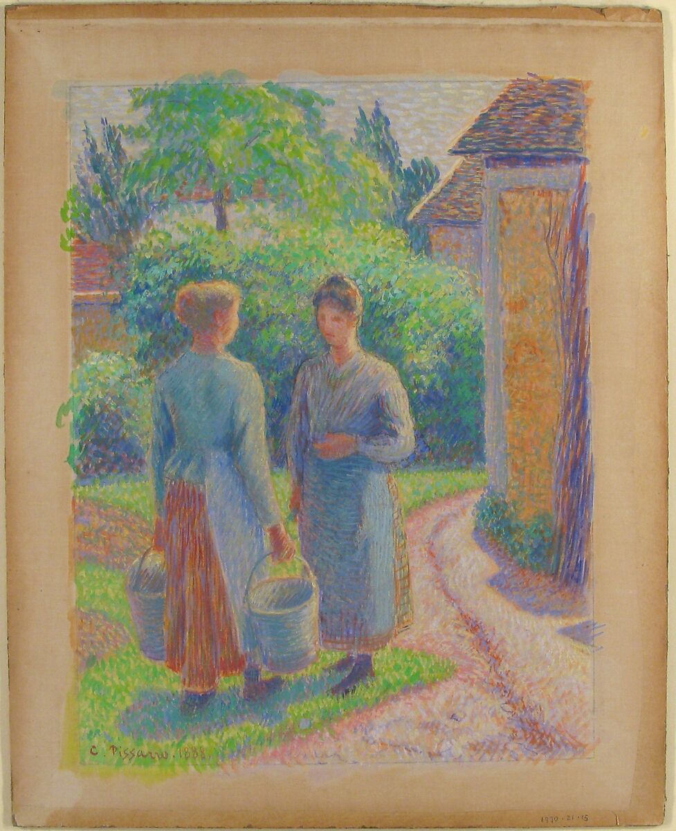 Two Women in a Garden, Camille Pissarro (French, Charlotte Amalie, Saint Thomas 1830–1903 Paris), Gouache on silk; framing lines in graphite