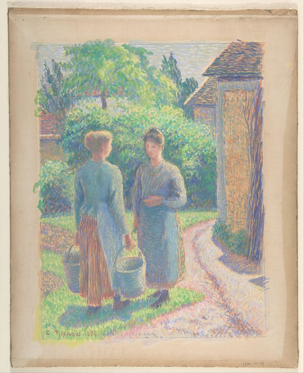 Two Women in a Garden, Camille Pissarro (French, Charlotte Amalie, Saint Thomas 1830–1903 Paris), Gouache on silk; framing lines in graphite 