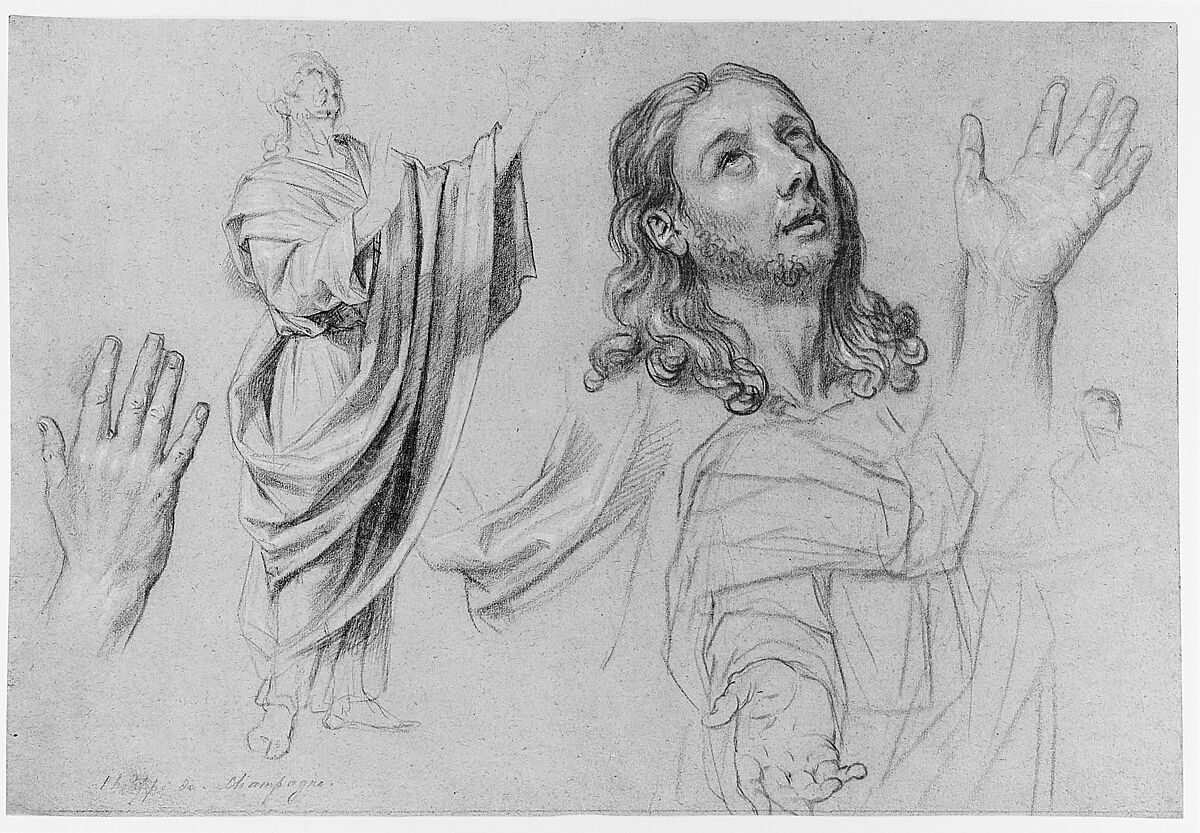 Studies for "The Conversion of the Jailer before Saint Paul and Silas", Nicolas de Plattemontagne (French, Paris 1631–1706 Paris), Red, black, and white chalks