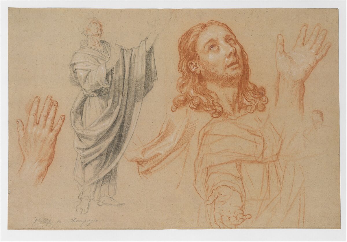 Studies for "The Conversion of the Jailer before Saint Paul and Silas", Nicolas de Plattemontagne (French, Paris 1631–1706 Paris), Red, black, and white chalks