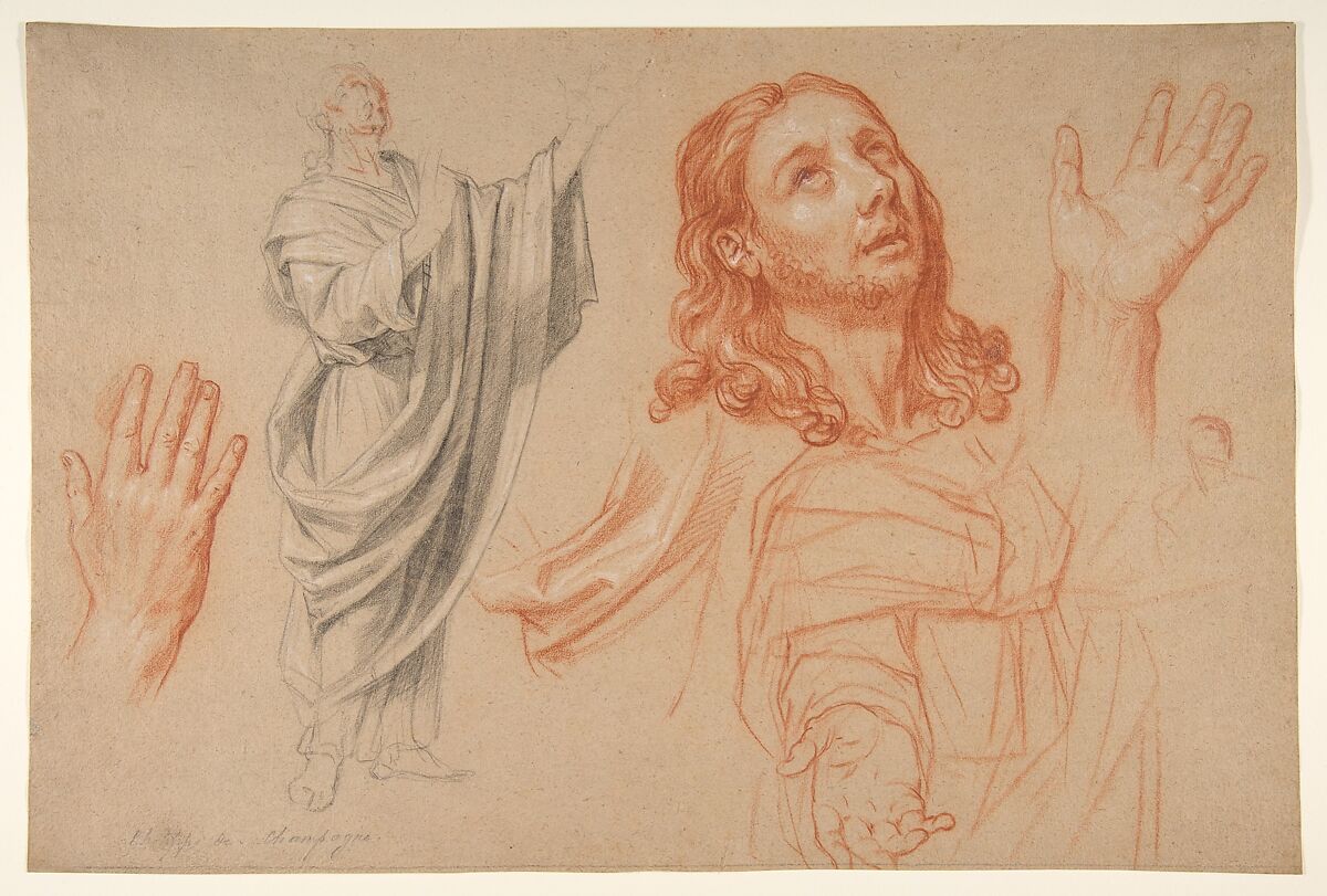 Studies for 'The Conversion of the Jailer before Saint Paul and Silas', Nicolas de Plattemontagne (French, Paris 1631–1706 Paris), Red, black, and white chalks on buff paper 