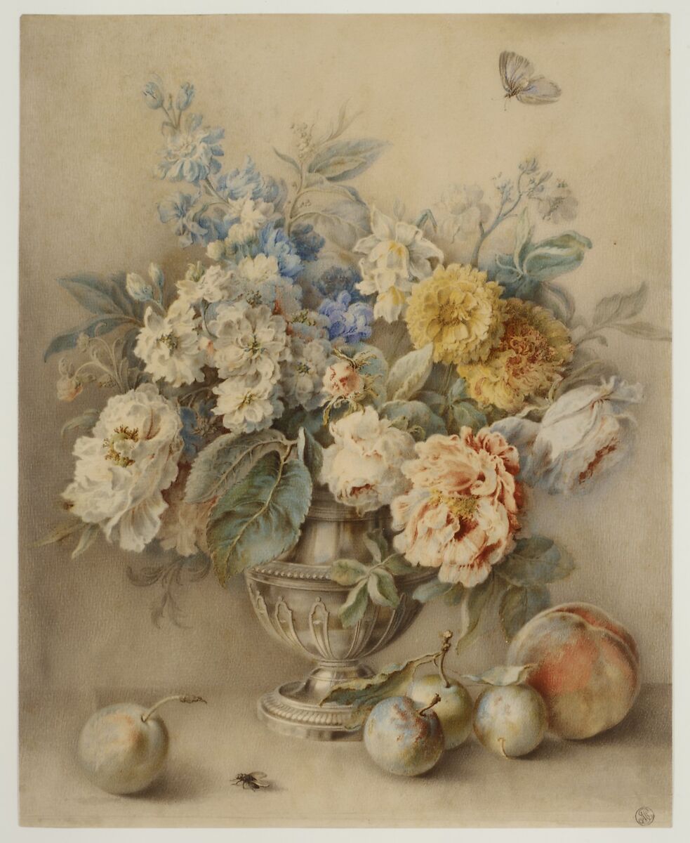 Flowers in a Silver Caster, Fruit in the Foreground, Jacques André Portail (French, Brest 1695–1759 Versailles), Watercolor, over traces of graphite