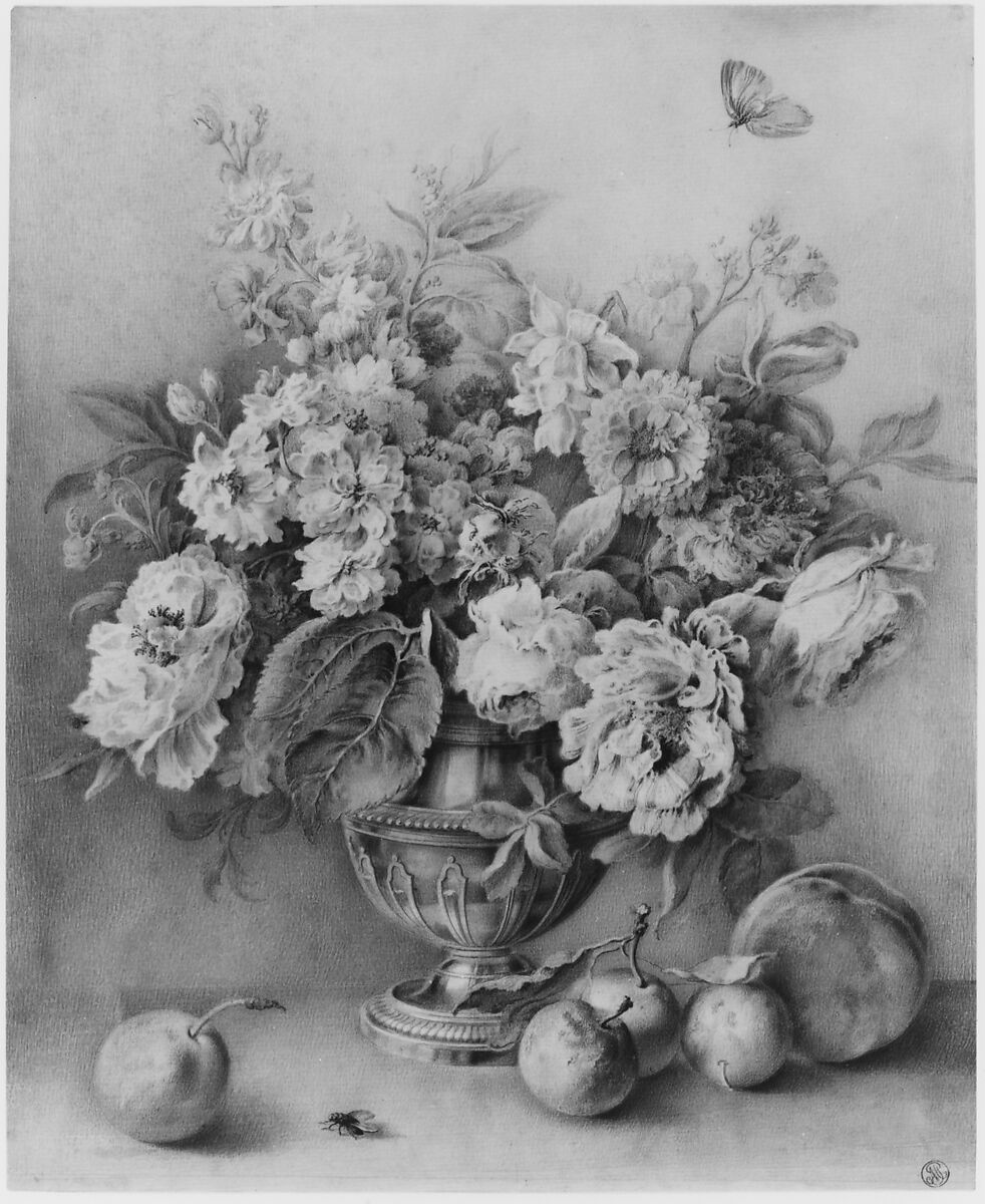 Flowers in a Silver Caster, Fruit in the Foreground, Jacques André Portail (French, Brest 1695–1759 Versailles), Watercolor, over traces of graphite