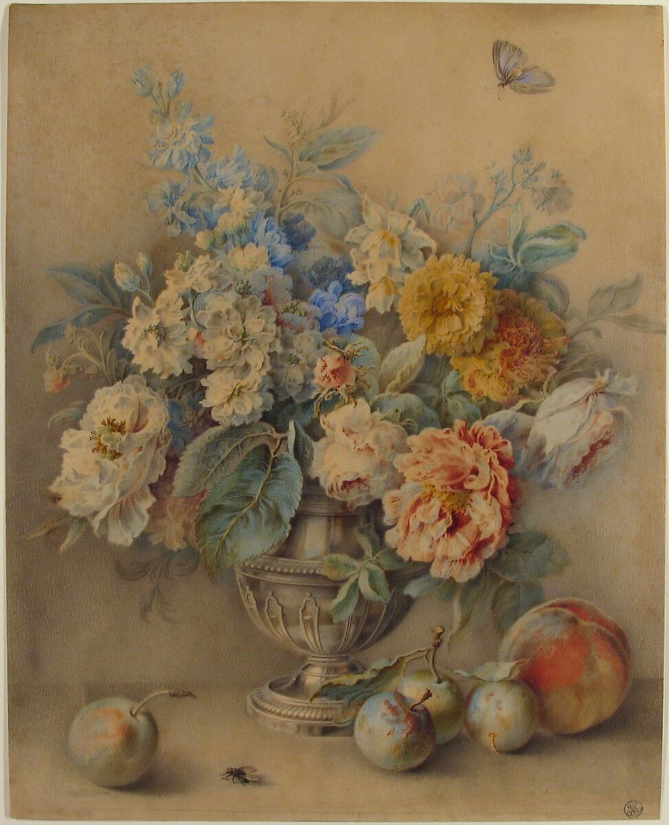 Flowers in a Silver Caster, Fruit in the Foreground, Jacques André Portail (French, Brest 1695–1759 Versailles), Watercolor, over traces of graphite 
