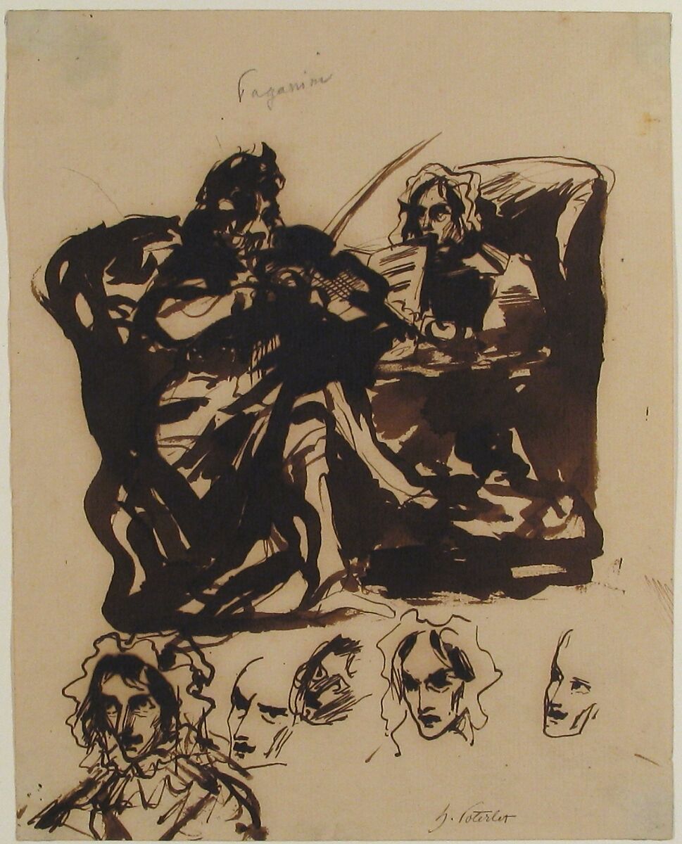 Paganini Playing and Studies of Heads, Henri-Louis-Hippolyte Poterlet (French, Paris 1804–1835 Paris), Pen and brown ink, brush and brown wash