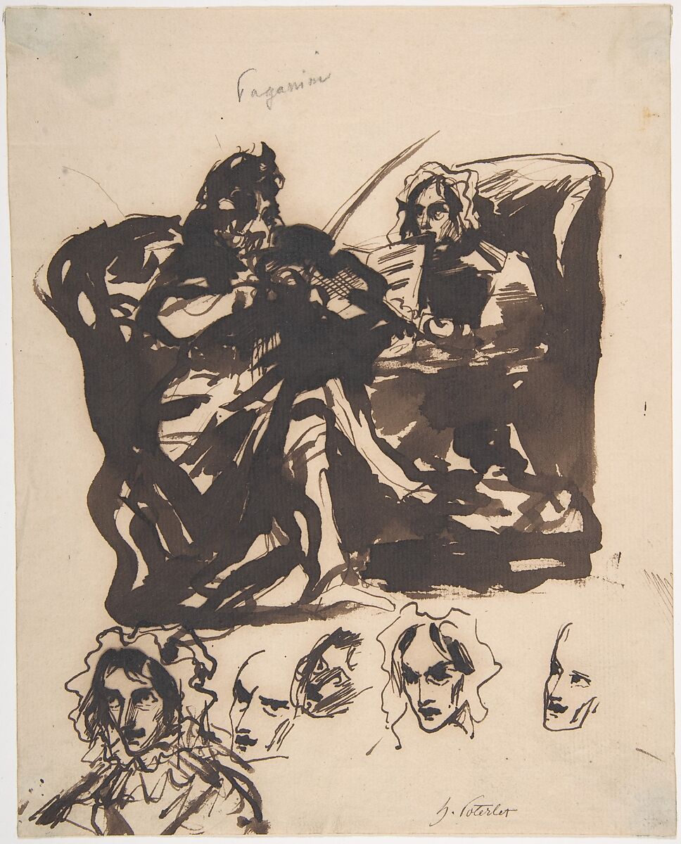 Paganini Playing and Studies of Heads, Henri-Louis-Hippolyte Poterlet (French, Paris 1804–1835 Paris), Pen and brown ink, brush and brown wash 