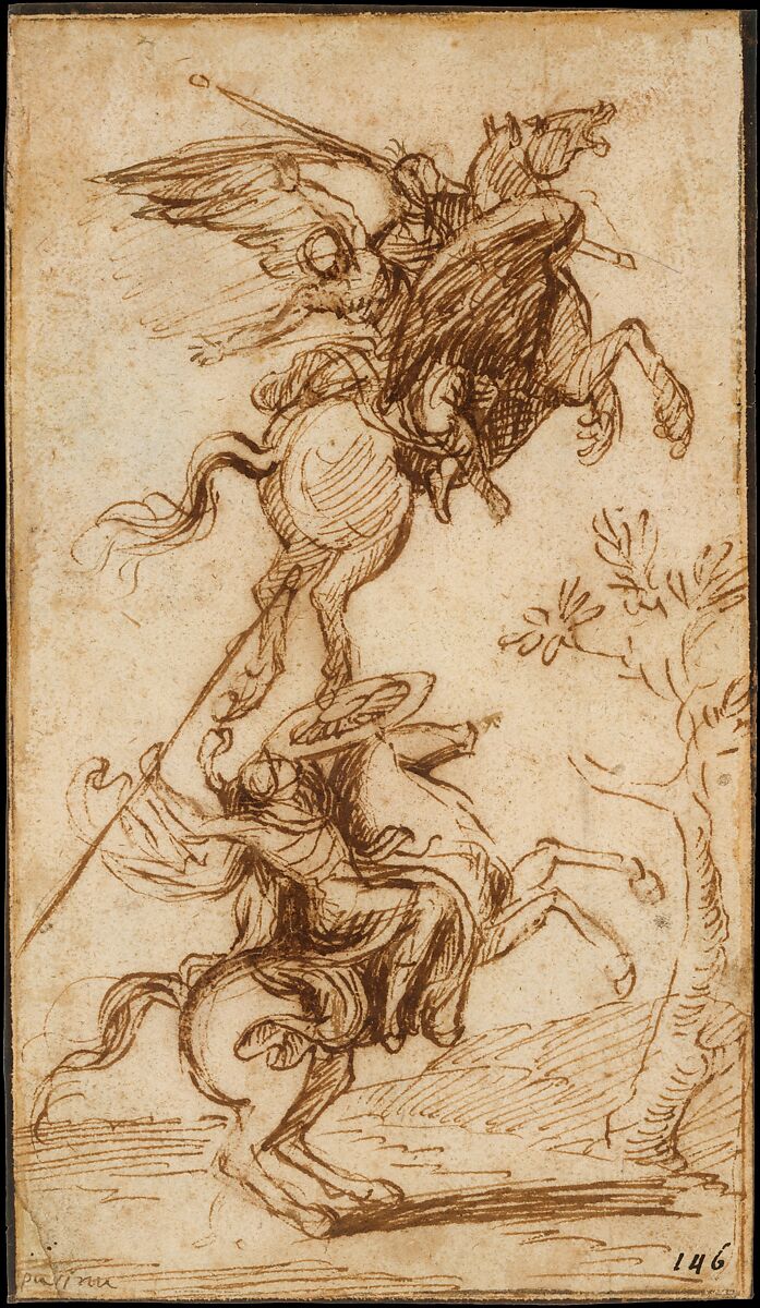 The Sorcerer Atlante Abducting Pinabello's Lady (Ariosto, Orlando Furioso, canto II, 38), Nicolas Poussin (French, Les Andelys 1594–1665 Rome), Pen and brown ink; black chalk on verso