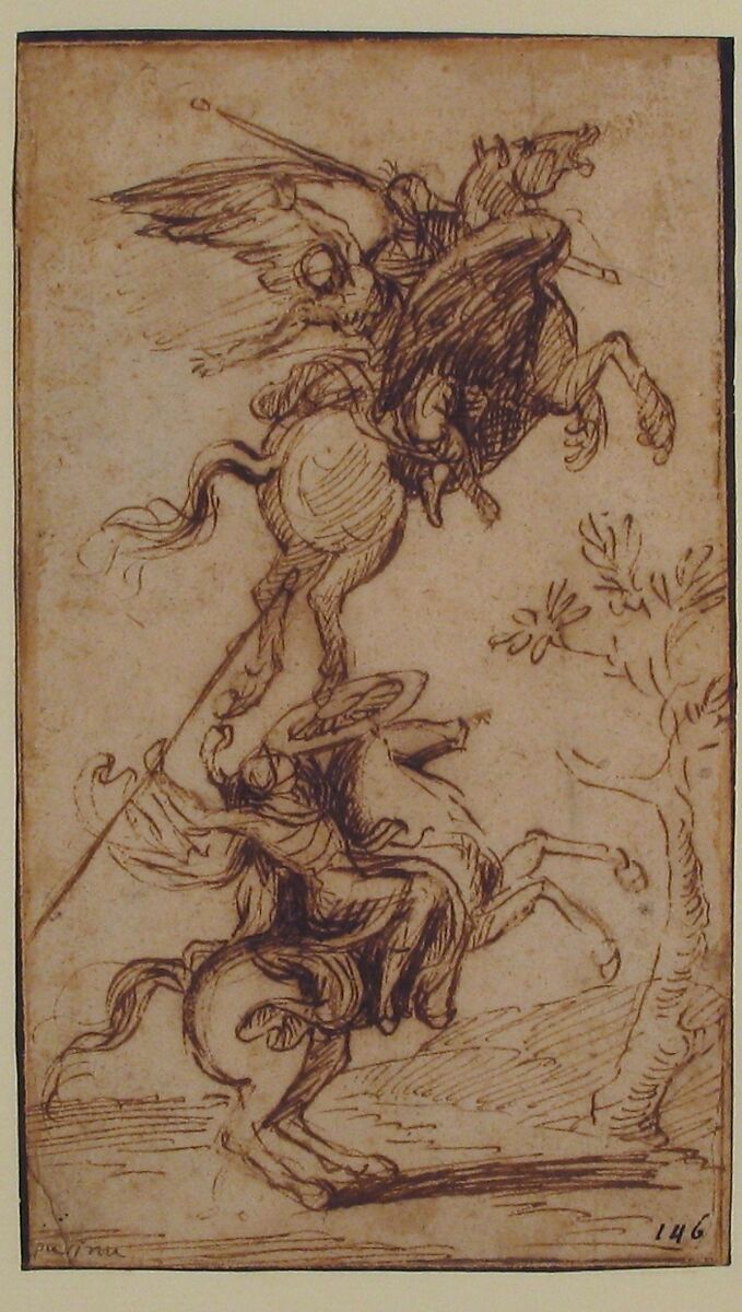 The Sorcerer Atlante Abducting Pinabello's Lady (Ariosto, Orlando Furioso, canto II, 38), Nicolas Poussin (French, Les Andelys 1594–1665 Rome), Pen and brown ink; black chalk on verso