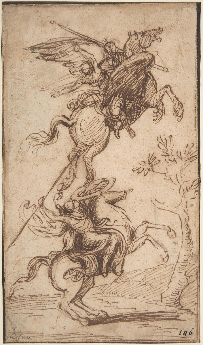 The Sorcerer Atlante Abducting Pinabello's Lady (Ariosto, Orlando Furioso, canto II, 38), Nicolas Poussin (French, Les Andelys 1594–1665 Rome), Pen and brown ink; black chalk on verso 