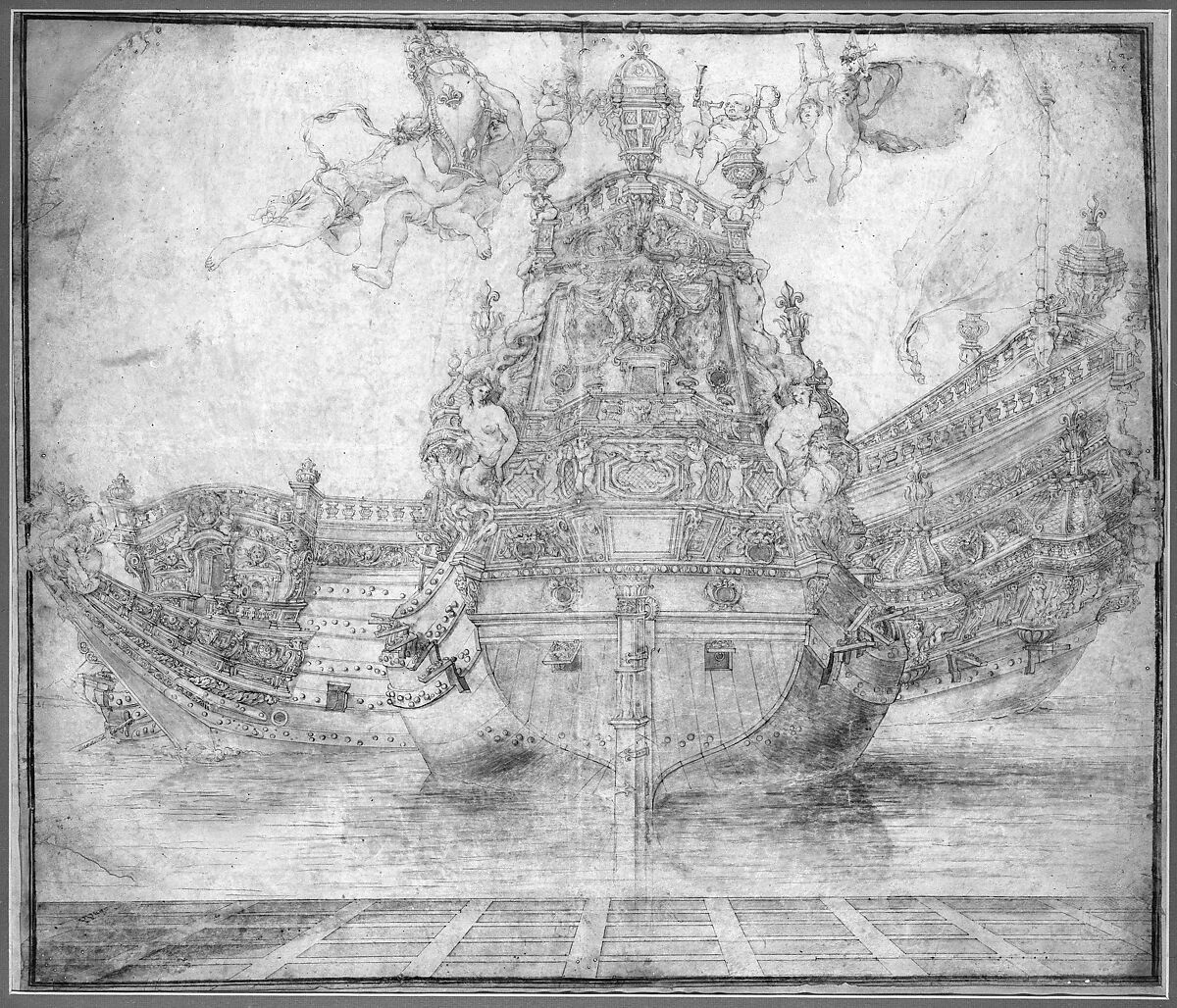 Design for the decoration of a Warship, Pierre Puget (French, Château Follet 1620–1694 Fougette), Pen and brown ink, brush and brown wash, over traces of gray chalk on parchment