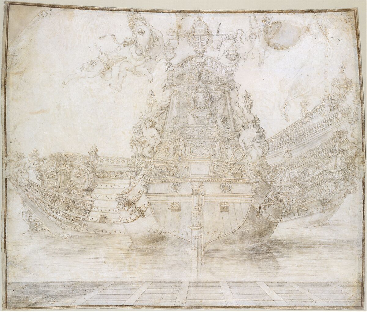 Design for the decoration of a Warship, Pierre Puget (French, Château Follet 1620–1694 Fougette), Pen and brown ink, brush and brown wash, over traces of gray chalk on parchment 