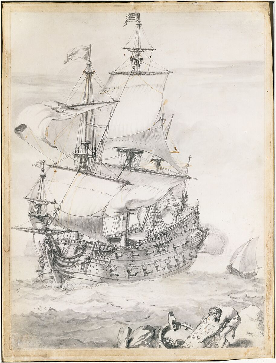 A Frigate at Sea, Pierre Puget (French, Château Follet 1620–1694 Fougette), Pen and black ink, gray wash, brown ink, over black chalk, on vellum.  Mounted on board.
