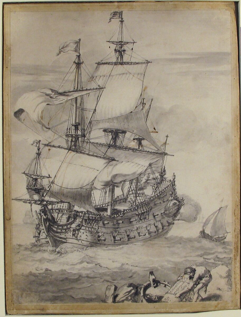 A Frigate at Sea, Pierre Puget (French, Château Follet 1620–1694 Fougette), Pen and black ink, gray wash, brown ink, over black chalk, on vellum.  Mounted on board.