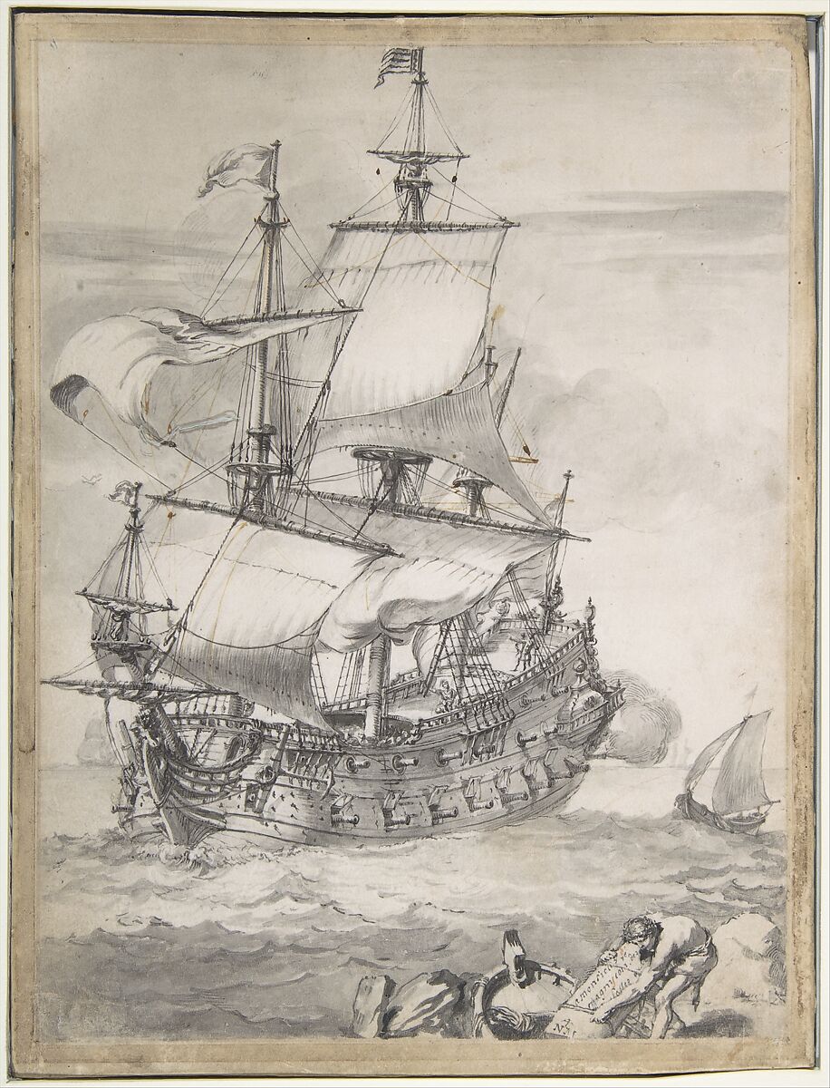 A Frigate at Sea, Pierre Puget (French, Château Follet 1620–1694 Fougette), Pen and black ink, gray wash, brown ink, over black chalk, on vellum.  Mounted on board. 