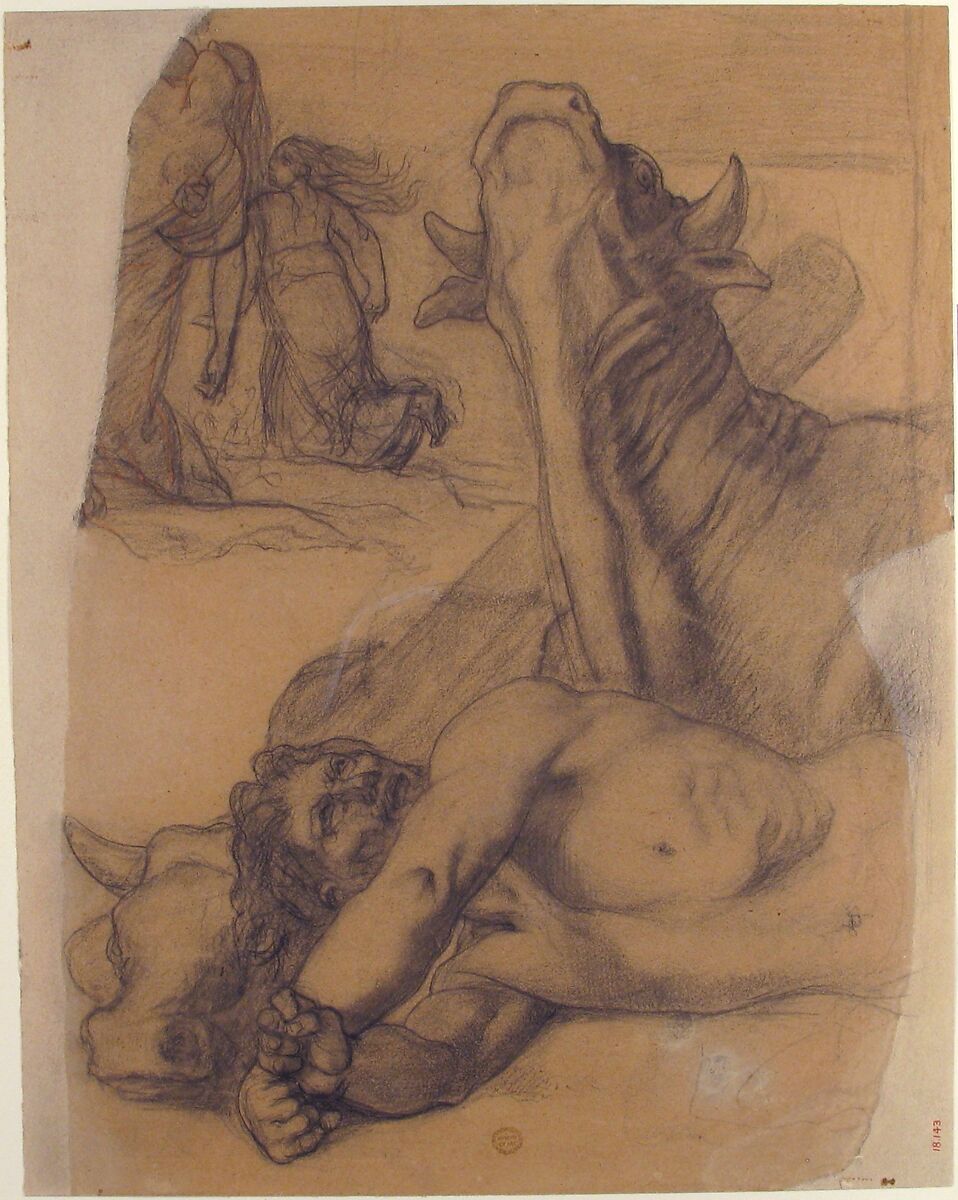 Sketch for War, painting in the Museum of Picardy at Amiens, Pierre Puvis de Chavannes (French, Lyons 1824–1898 Paris), Black chalk touched with white and red chalk