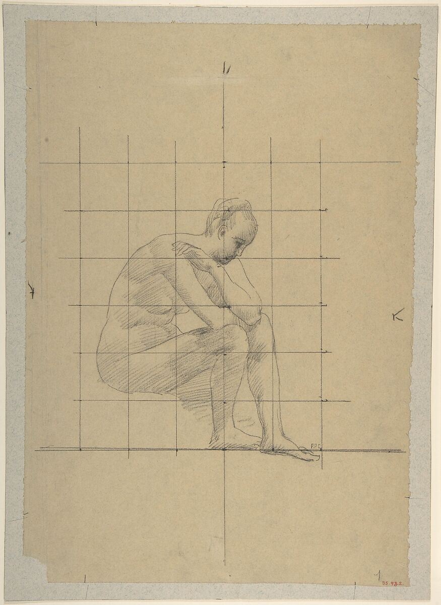 Seated Figure: Study for “A Vision of Antiquity”, Pierre Puvis de Chavannes (French, Lyons 1824–1898 Paris), Fabricated black crayon, squared 