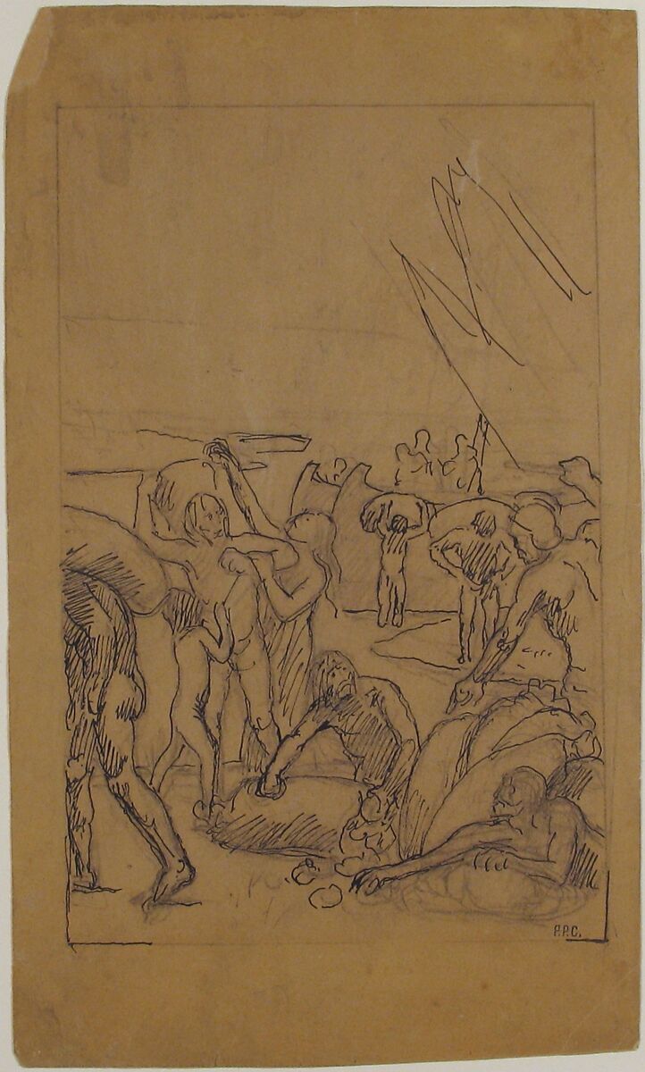 Figures Unloading Cargo from Sailing Vessels, Pierre Puvis de Chavannes (French, Lyons 1824–1898 Paris), Pen and black ink, over black chalk, on beige paper.