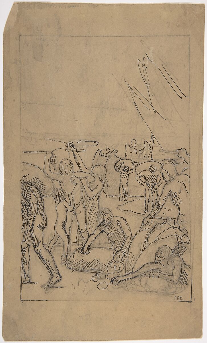 Figures Unloading Cargo from Sailing Vessels, Pierre Puvis de Chavannes (French, Lyons 1824–1898 Paris), Pen and black ink, over black chalk, on beige paper. 