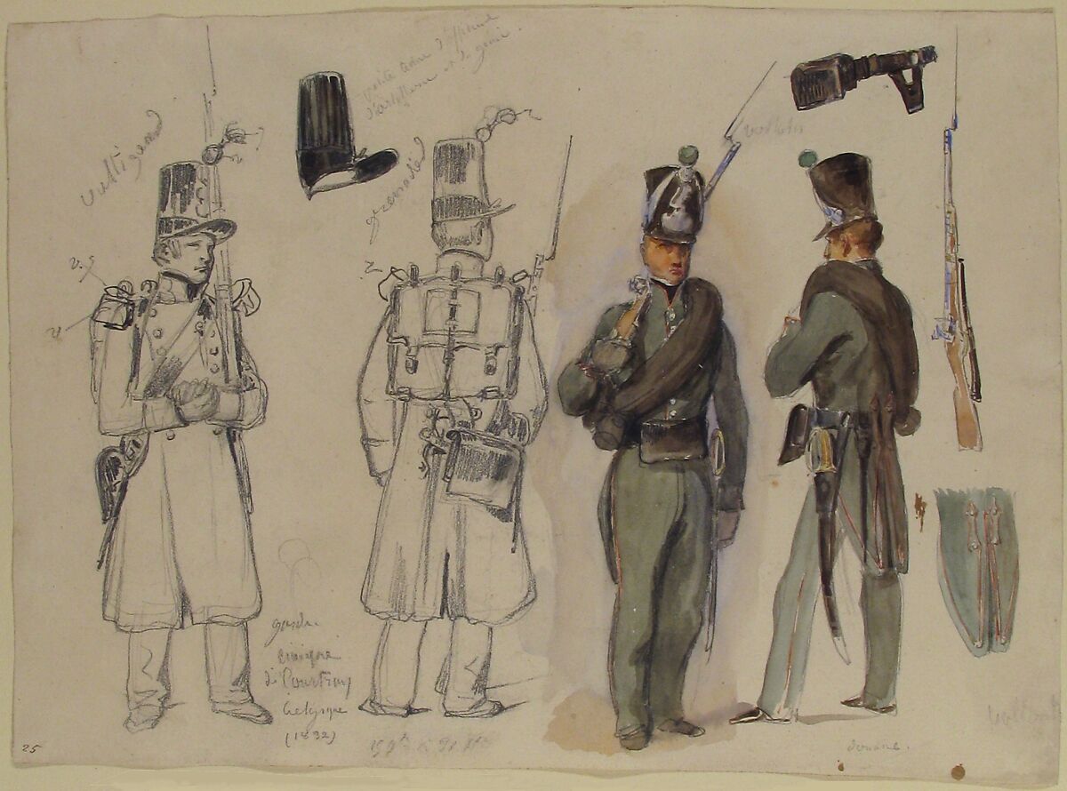 Uniforms of the civil guard in Courtray, Belgium, Auguste Raffet (French, Paris 1804–1860 Genoa), Black chalk and watercolor