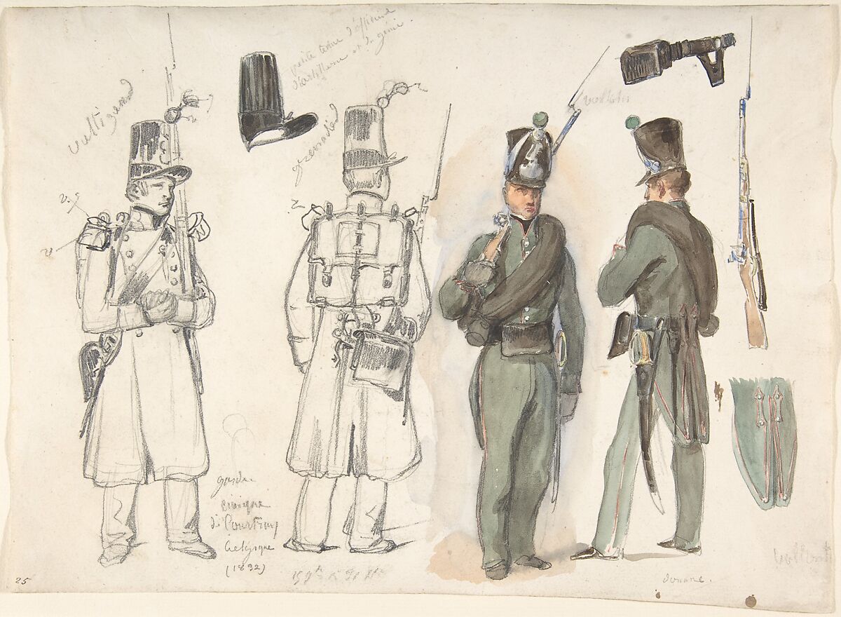 Uniforms of the civil guard in Courtray, Belgium, Auguste Raffet (French, Paris 1804–1860 Genoa), Black chalk and watercolor 