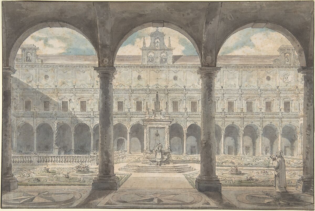 Cloister of the Certosa di San Martino, Naples, Louis Jean Desprez (French, Auxerre 1743–1804 Stockholm), Pen and gray ink, watercolor over traces of black chalk 