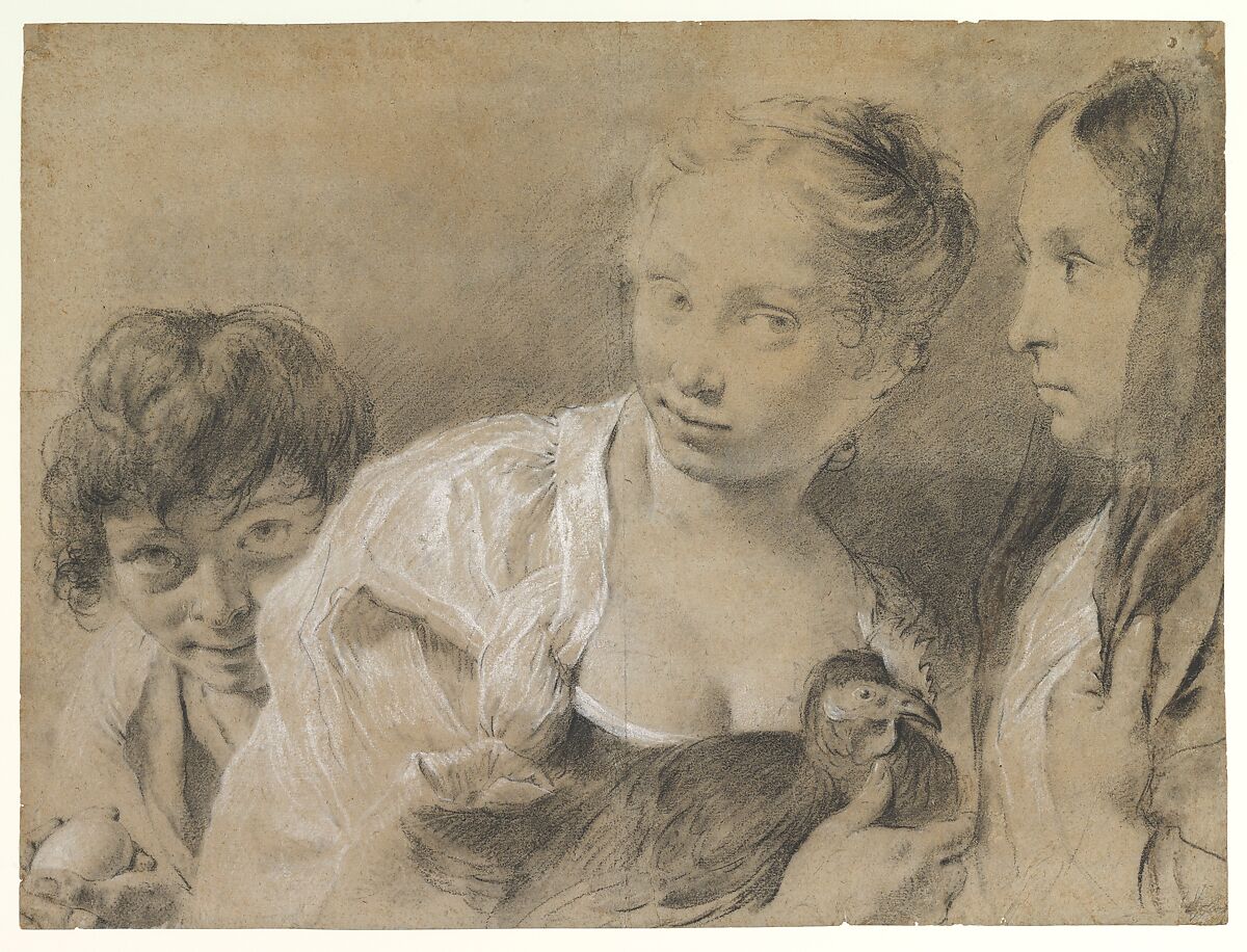 Boy with an Egg, Girl with a Hen, and a Watching Woman, Giovanni Battista Piazzetta (Italian, Venice 1682–1754 Venice), Charcoal (?) and black chalk, highlighted with white chalk, on blue-gray paper faded to brown 