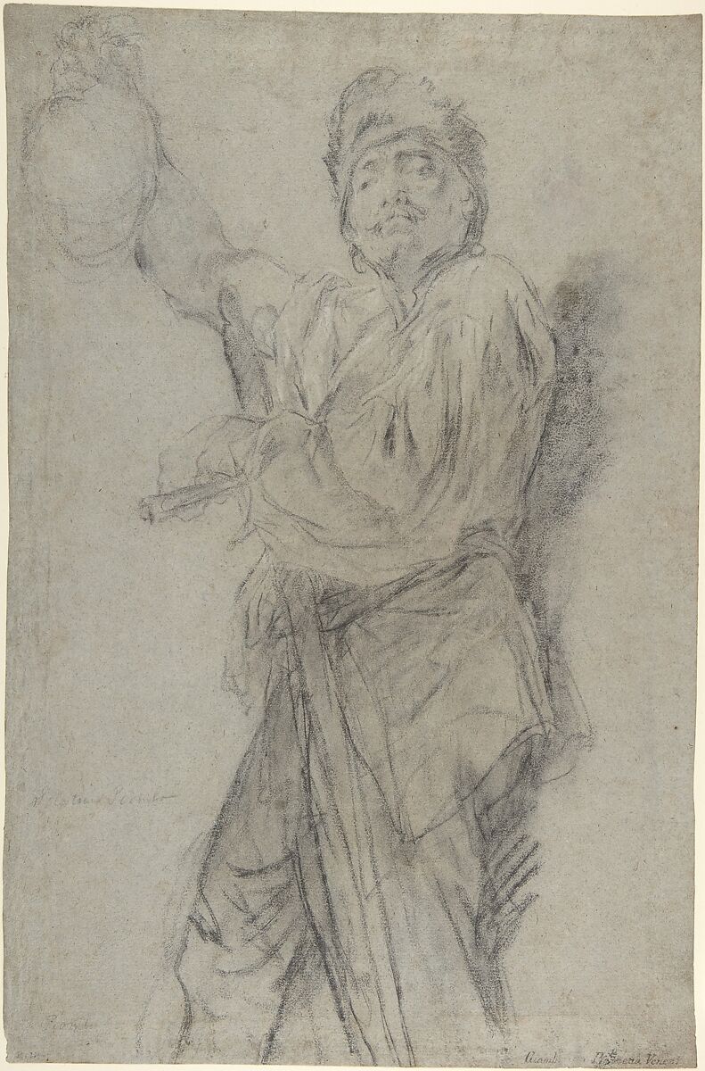 Executioner Holding Up a Severed Head, Giovanni Battista Piazzetta (Italian, Venice 1682–1754 Venice), Charcoal, highlighted with white chalk, on gray-blue paper 