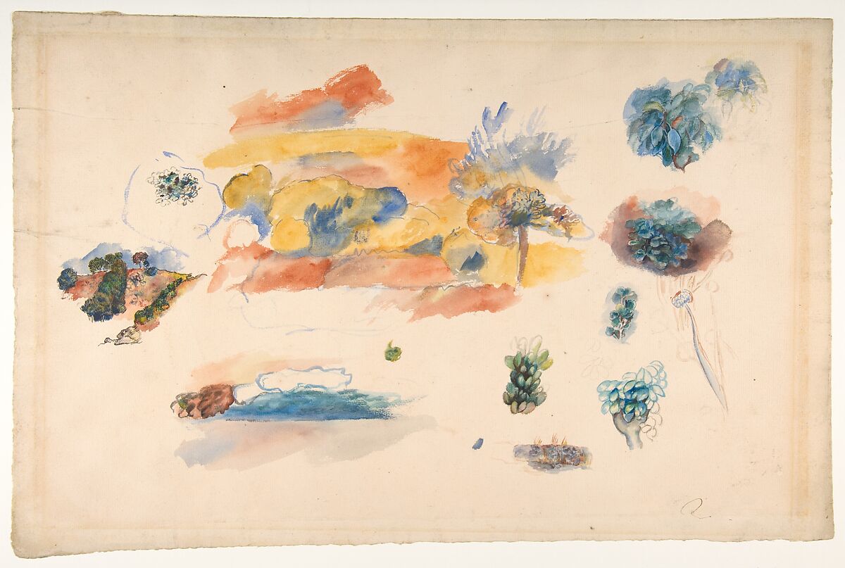 Studies of Landscape, Trees, and Exotic Fruit, Auguste Renoir (French, Limoges 1841–1919 Cagnes-sur-Mer), Watercolor and ink over graphite 