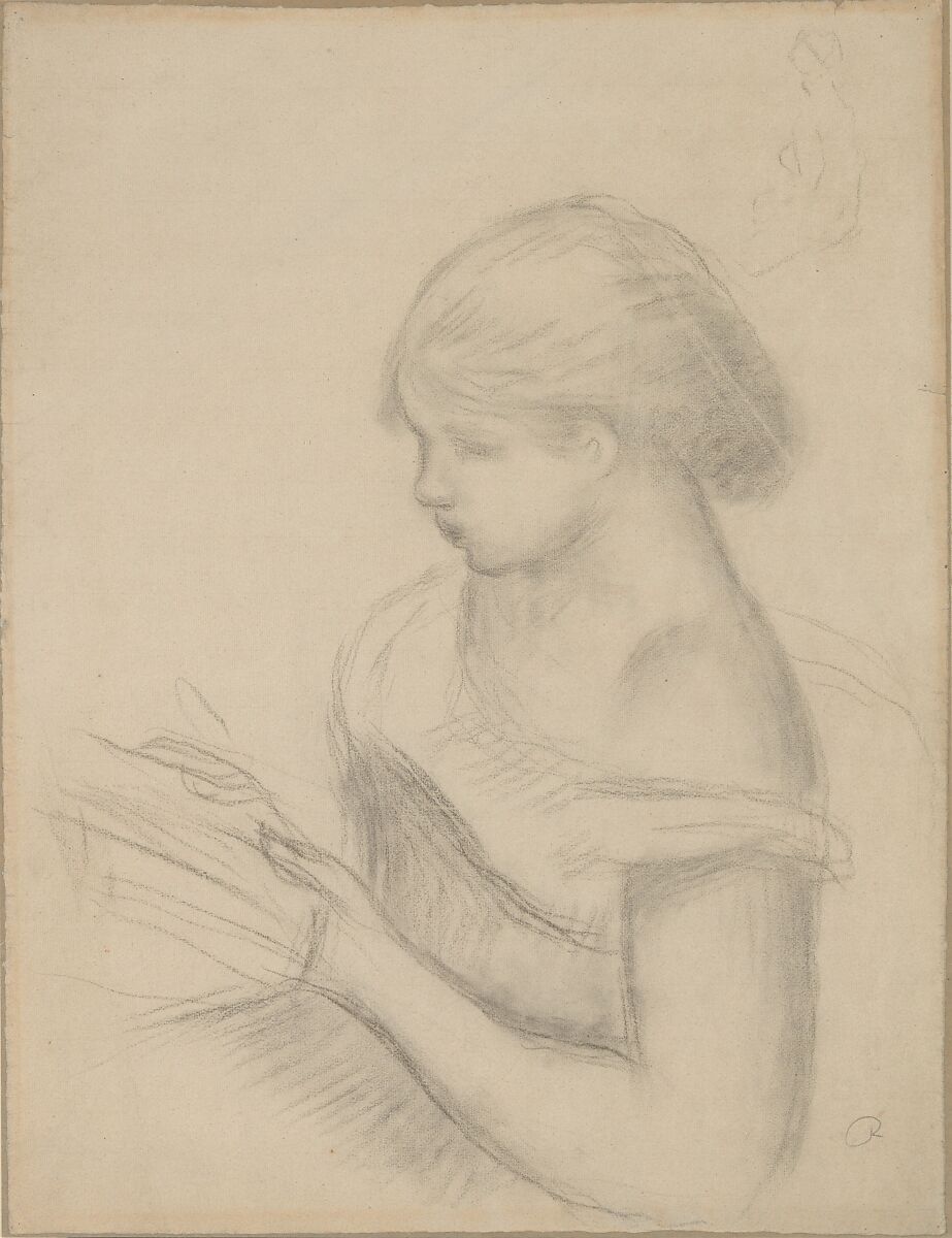 A Girl Reading (with a Sketch of Seated Woman), Auguste Renoir (French, Limoges 1841–1919 Cagnes-sur-Mer), Charcoal, some stumping 